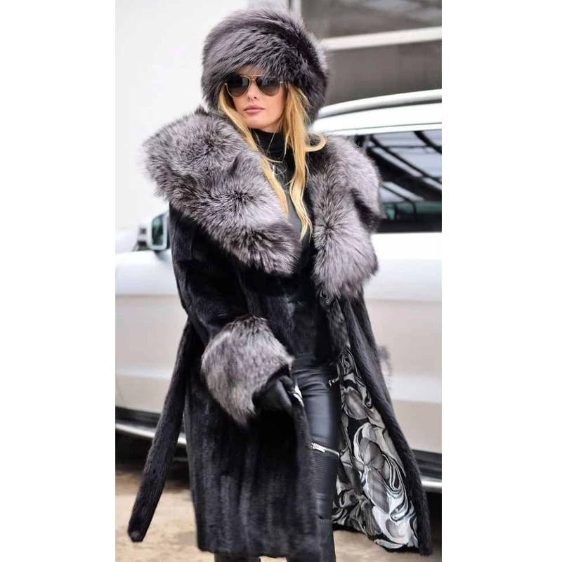 Natural Woman Mink Fur Coats Long With Silver Fox Fur Collar And Cuff Winter Fashion Real Mink Fur Jacket Full Pelt Fur Coats