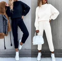 2021 autumn and winter womens sweater suit plus velvet high collar casual solid color trousers two piece suit