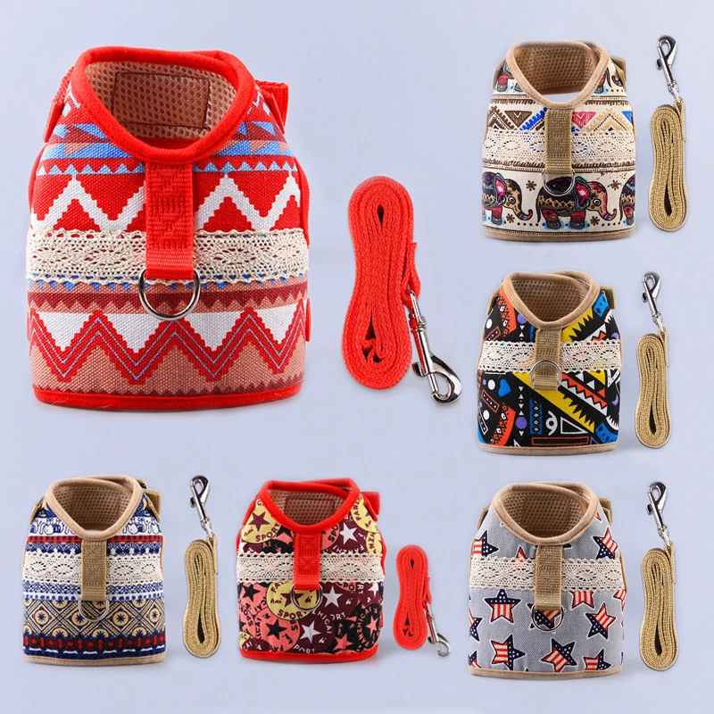 Шлейка с поводком для собак нейлоновая сетчатая поводки питомцев принтом котят и