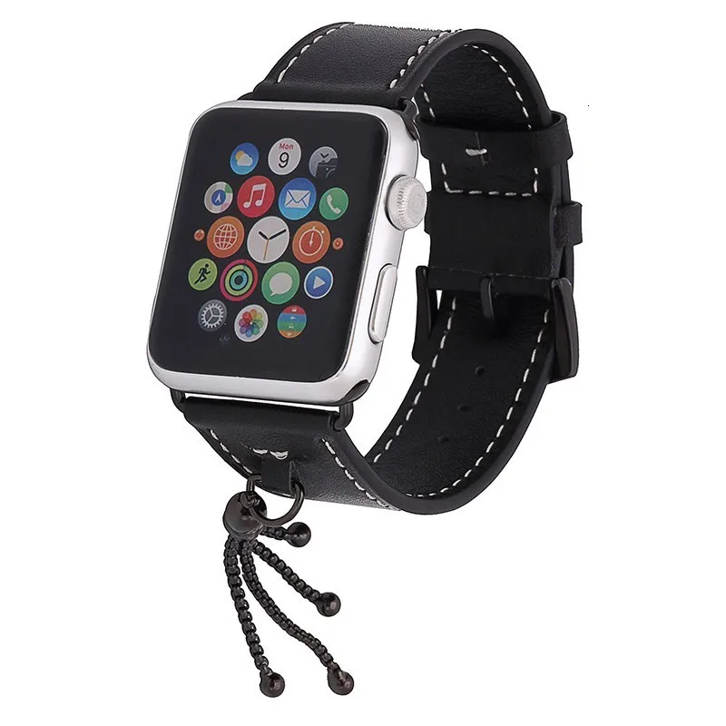 Ремешок для часов из натуральной кожи с адаптером для Apple Watch, 44 мм, 42 мм, серия 5, 4, 3, 2, 38 мм, ремешок с небольшими украшениями