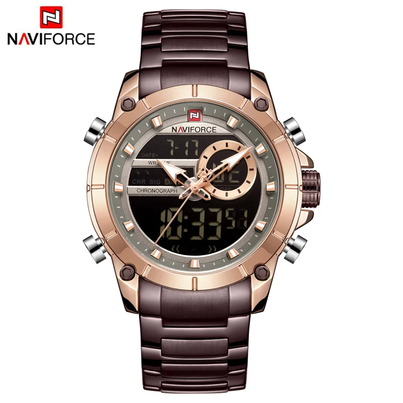 NAVIFORCE мужские часы Топ люксовый бренд мужские s Модные Аналоговые цифровой двойной дисплей часы мужские золотые деловые водонепроницаемые наручные часы - Цвет: RG CE