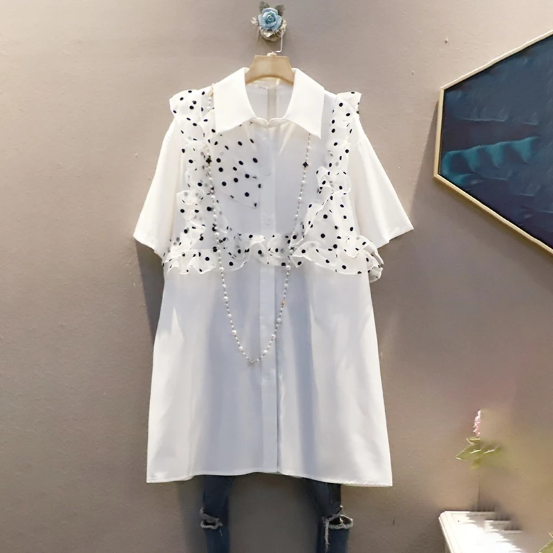 

IEQJ Women Korean Asymmetrical Ruffled Short-sleeved Single-breasted Mid-length Shirt Blouse New Lapel Loose Fashion Autumn 2021