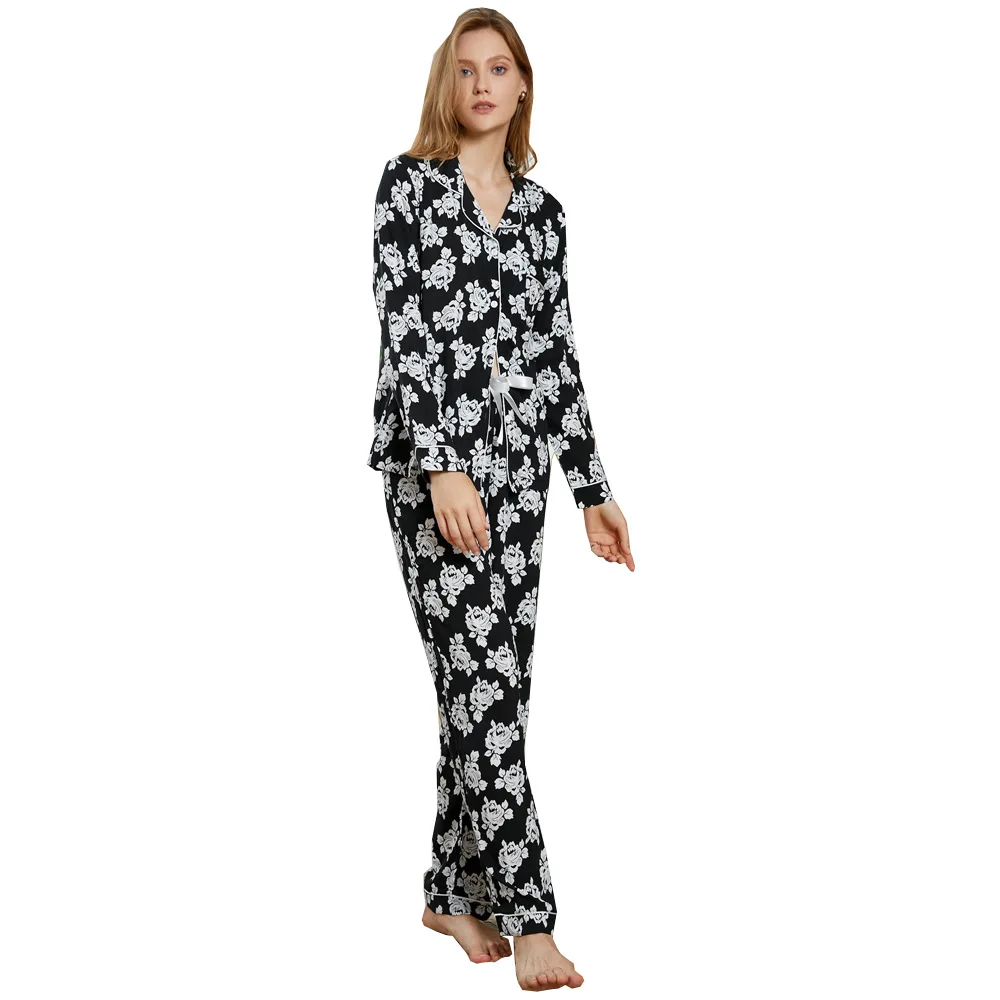 Long sleeve trousers spun rayon V-neck pyjamas ladies comfortable print summer thin home wear casual suit