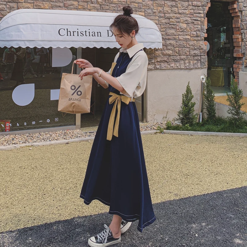 

Dress Female Summer 2021 New Design Sense Small Public Shirt Skirt French Retro Stitching Collision Color Over The Knee