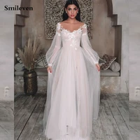 smileven boho wedding dress a line puff sleeve appliqued lace bridal dresses elegant beach long lace up back wedding gowns