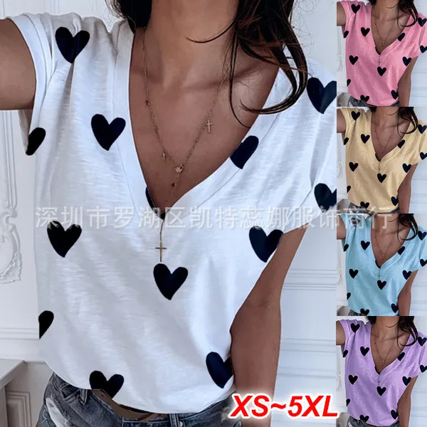 

New Pure Color V-neck Printed Heart-shaped Short Sleeve T-shirt In Europe and America In Summer 2021 V-Neck Regular