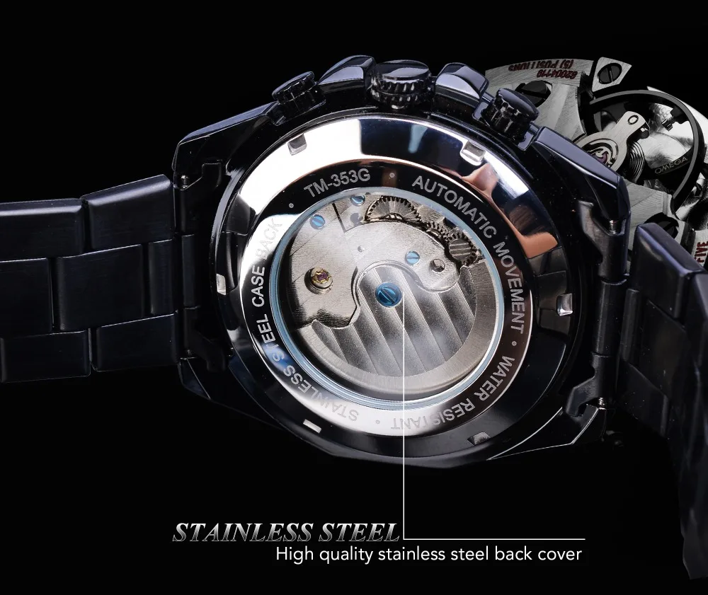 Forsining полностью черные Tourbillon механические часы мужские Moonphase Дата нержавеющая сталь Группа Автоматические наручные часы Erkek Kol Saati