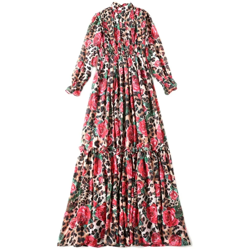 

COIGARSAM Print Women Long dress Stand Neck High Waist Dresses Design And Color 6625