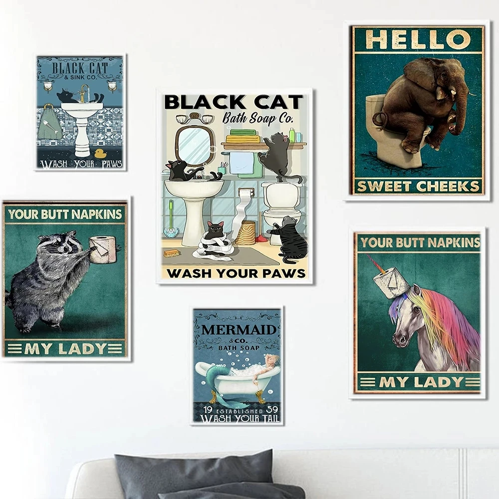 

Black Cat Elephant Mermaid Raccoon Poster Get Naked Quote Print Bathroom Wall Art Toilet Canvas Painting Picture Room Wall Decor