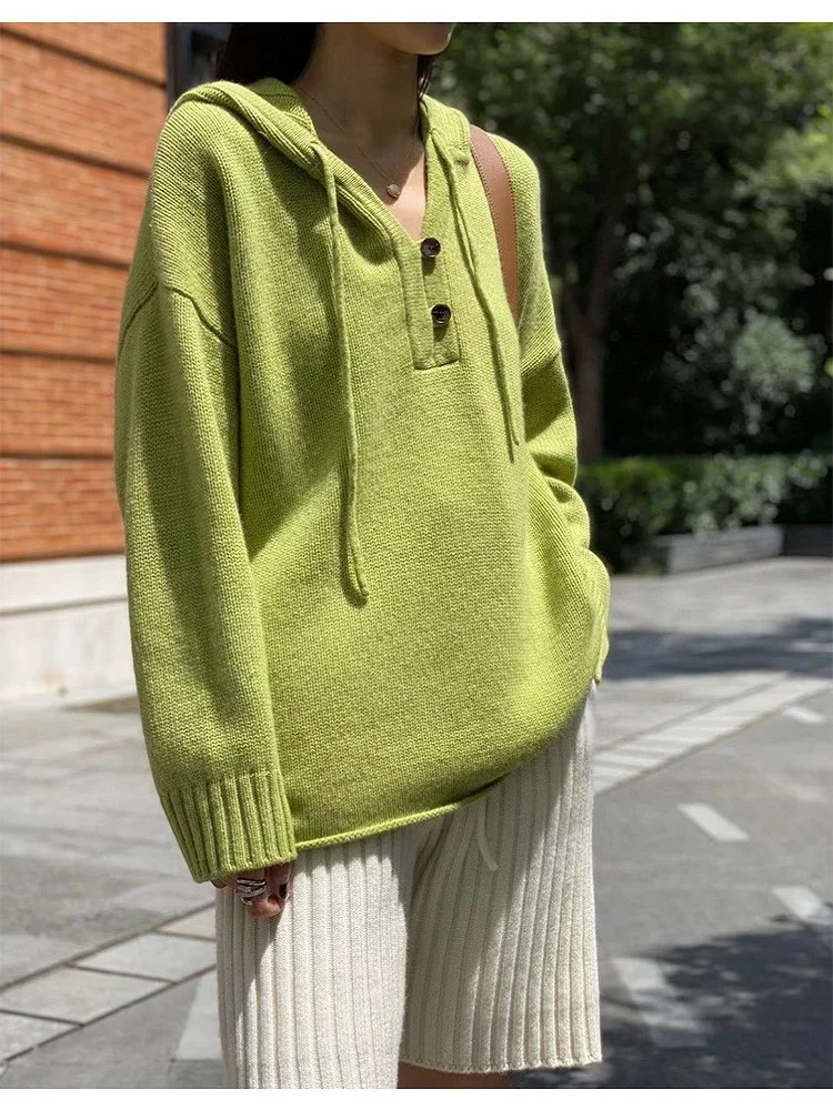 Женский кашемировый пуловер с V-образным вырезом и капюшоном Свободный