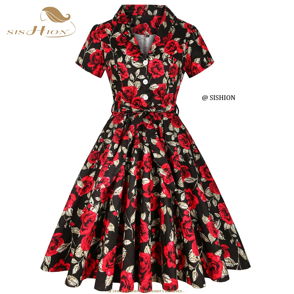 

SISHION 2022 Summer Short Sleeve Rose Printed Floral Dress Women 50s Vintage Y2K Black Dress SD0002