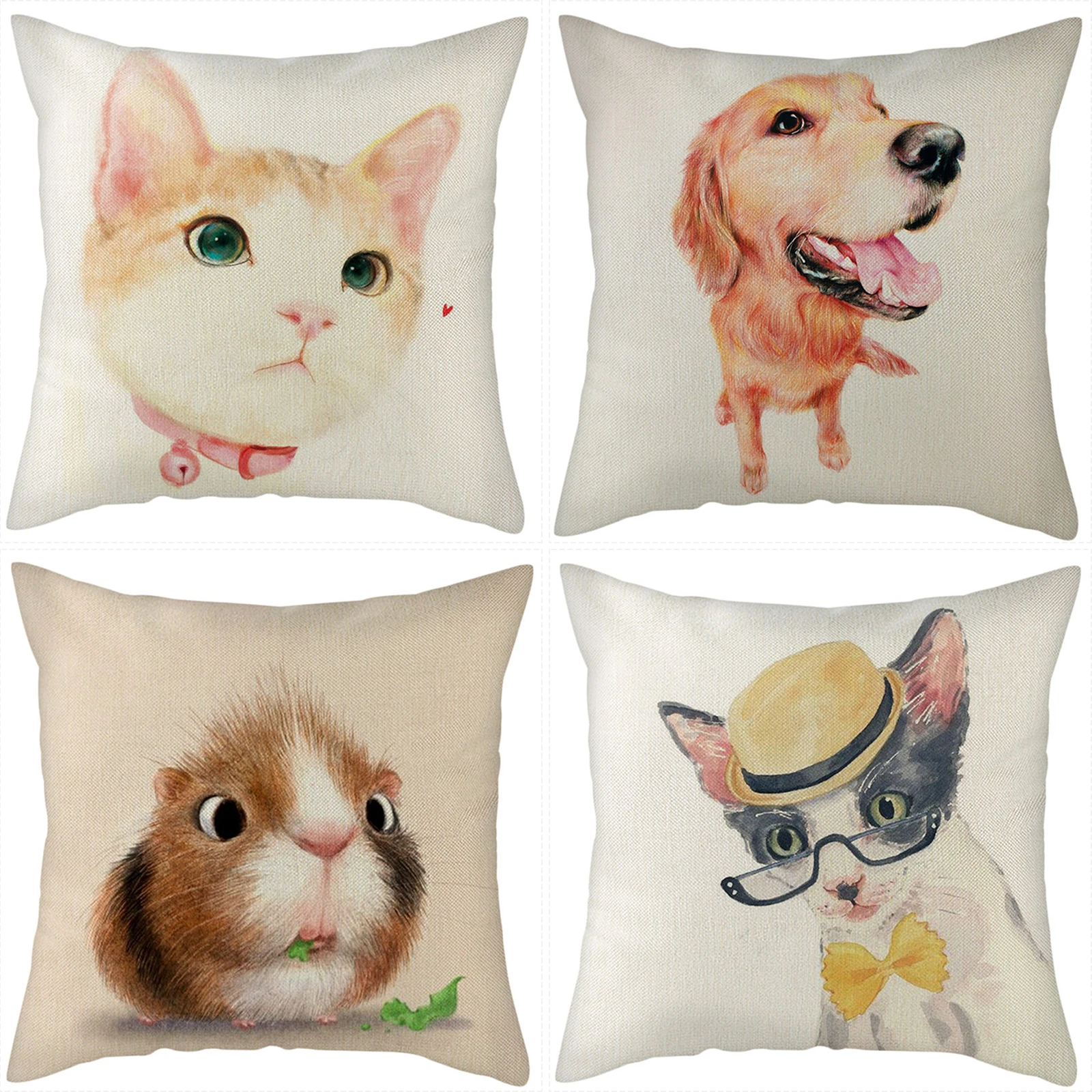 

4Pcs Cute Dog Cat Pattern Cushion Cover Home Decor for Kids Room Sofa Chairs Seat Hug Pillowcase for Pillows Cover 45*45 cm