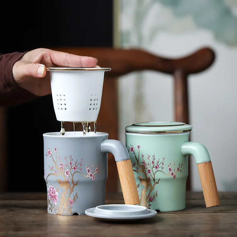 

Porcelain Painting Mug with Cover Filter Large Green Tea Cup Office Tea Separation Cup Tea Cup