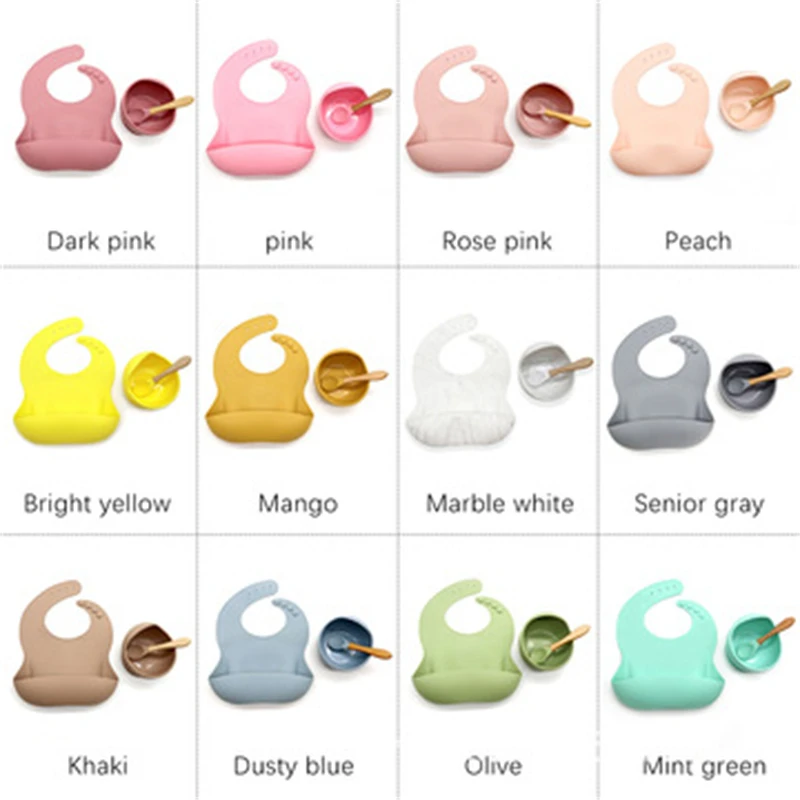 

Baby Show 3 Piece Set Tableware Waterproof Silicone Baby Bibs And Bowl Spoon Suit For Kids Feeding Stuff Adjustable Buttons 2022