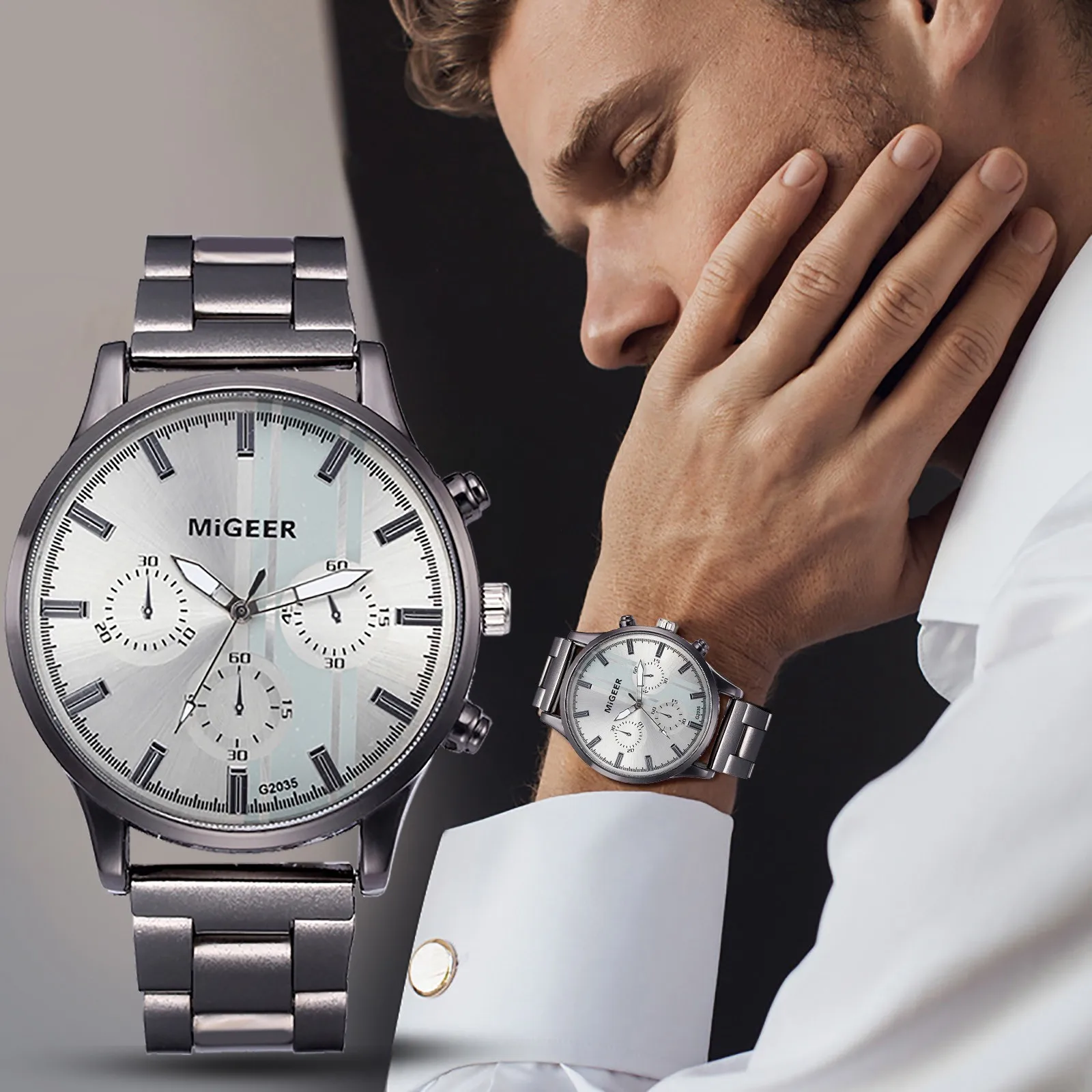 

MiGEER Men Watch With Chronograph Black Alloy Strap Luxury Retro Mens Analog Quartz Wrist watch For Man Gift reloj hombre