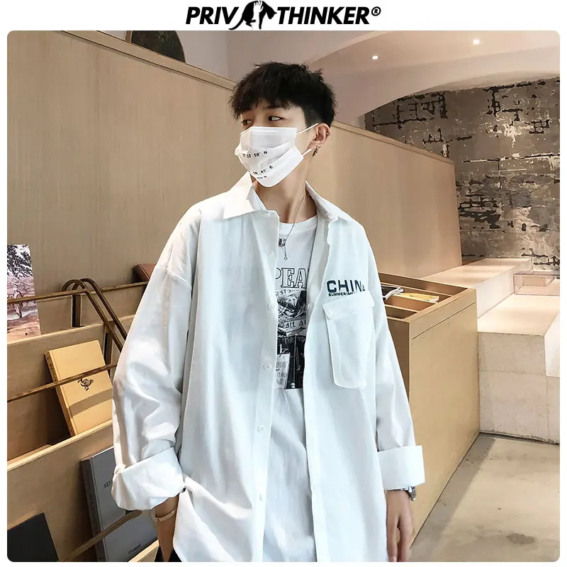 Privathinker Осенняя хлопковая рубашка с длинными рукавами, Мужская Корейская Свободная рубашка с коллажем, Мужская Уличная модная одежда с принтом