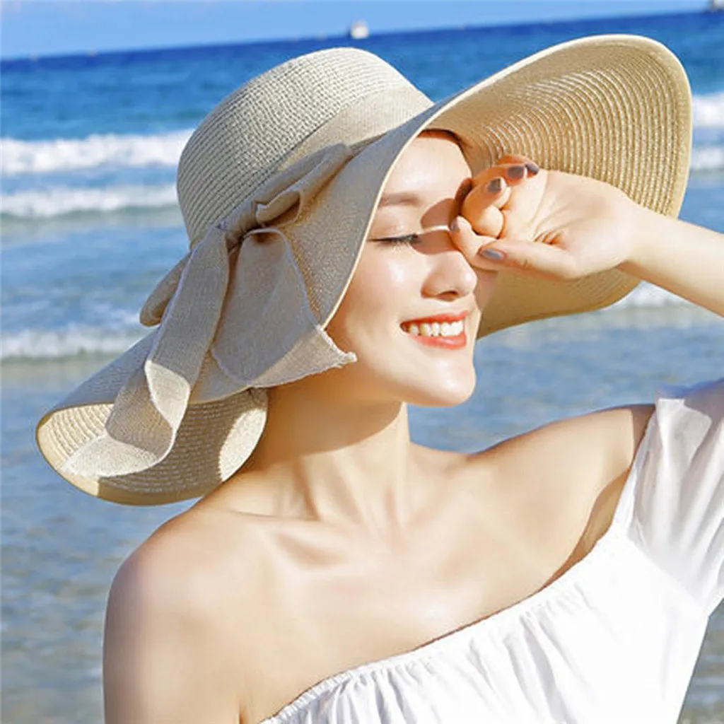 

Summer Sunhat Women Big Brim Straw Hat Sun Hat Soft Floppy Wide Brim Hats New Bowknot Folding Outdoor UV Protection Beach Cap N*