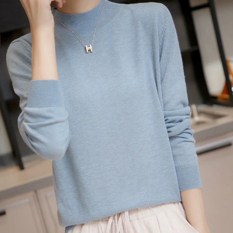 

Женский трикотажный тонкий пуловер с круглым вырезом и длинным рукавом