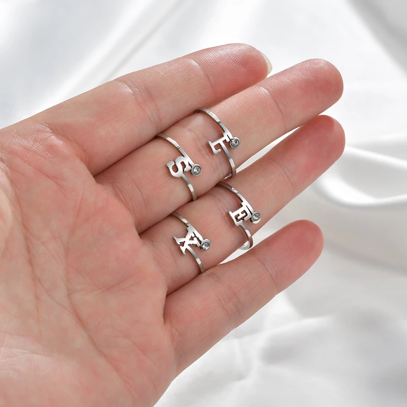 Silver Color Men's Letter Open Rings For Women Custom Initial Ring With Rhinestone Female Statement Engagement Party Jewelry | Украшения