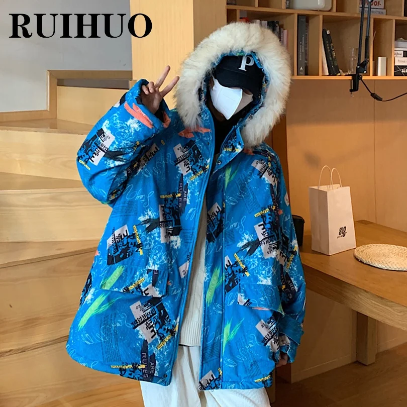 

RUIHUO Fur Hooded Parkas Men Jacket Winter Blue Hoodie Mens Winter Jackets And Coats 5XL 2021 Autumn New Arrivals