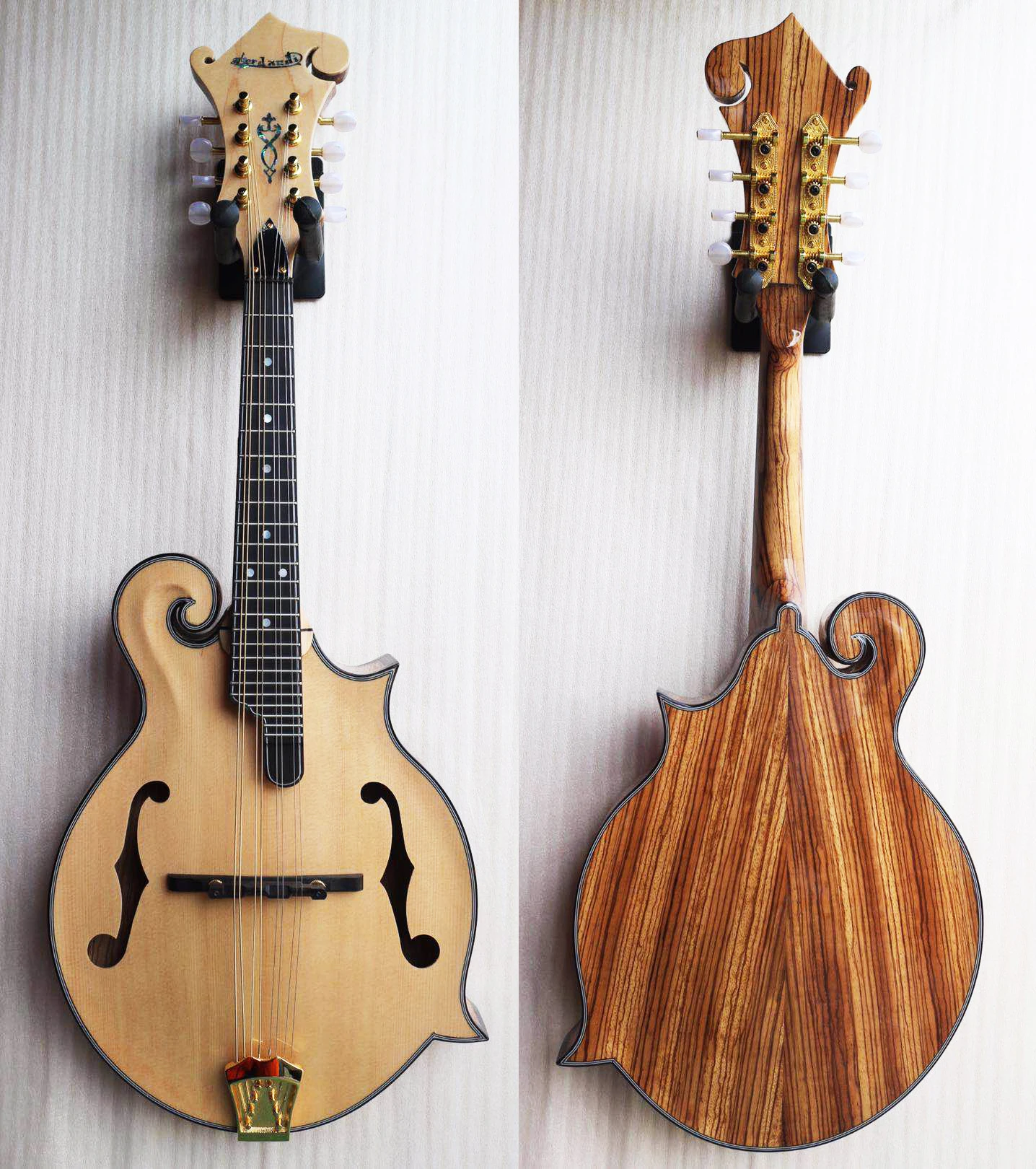 Полностью твердая древесина ручной работы F Стиль мандолин Массив ели Топ Зебра