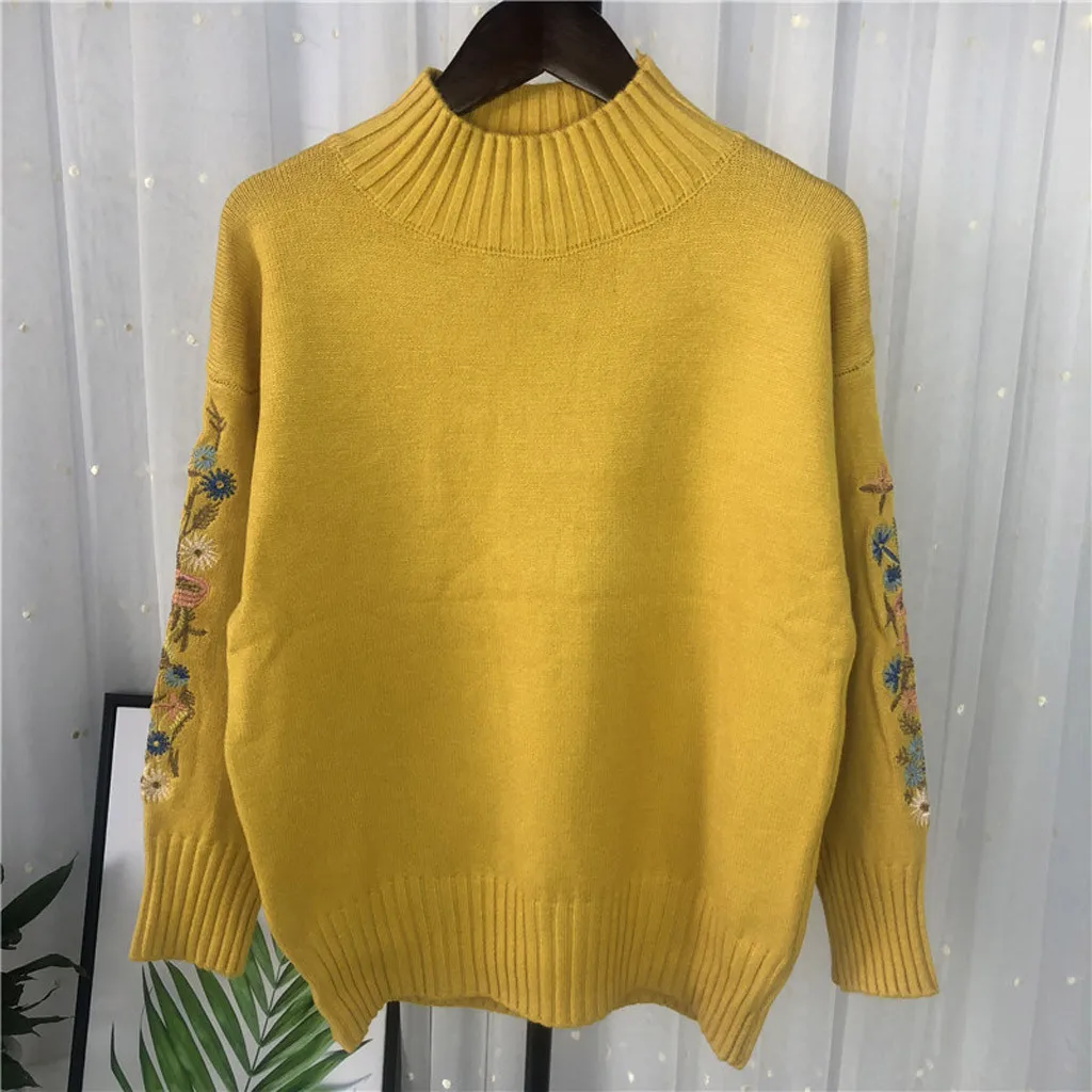 New Loose Thick Warm Winter Pullover Sweater Women Embroidery Jumper Half Turtleneck Long Sleeve Knit Yellow Sweater Female