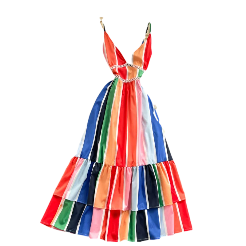 

2021 Summer Fashion New Vestidos Female Hit Color Stitching Holiday Style Sexy Halter Waist Slimming Midi Dress GK604