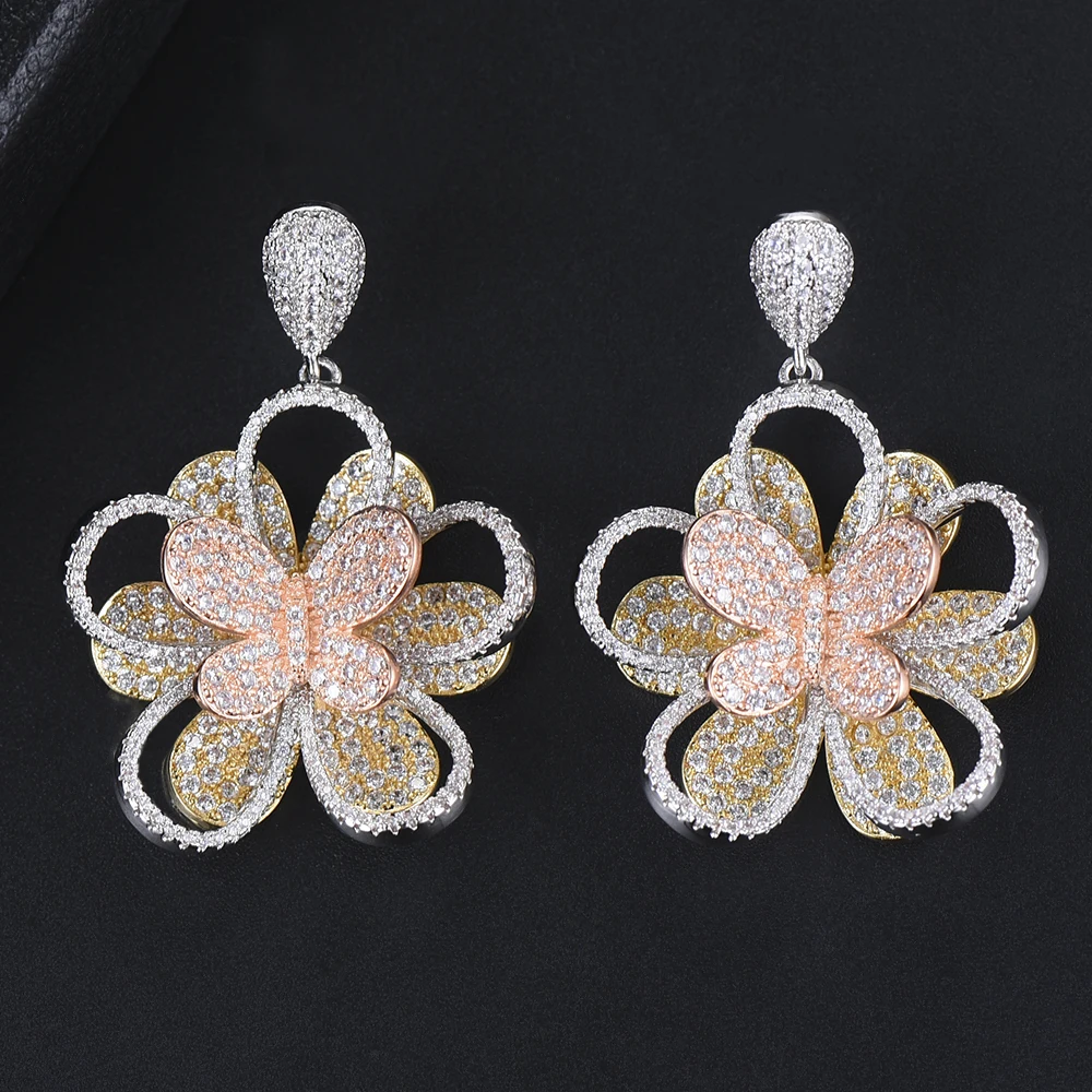 

LARRAURI Luxury Full Micro Cubic Zircon African Dubai Bridal Earring Trendy Butterfly Flower Stud Earring For Women Wedding 2019