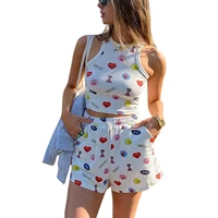 2 pcs women fruit print outfits adults sleeveless round neck crop tops shorts with pocket drawstring