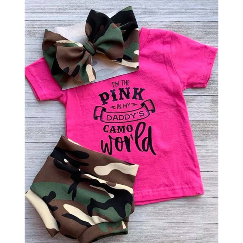 

0-24M Toddler Infant Baby Girls Summer Cotton Clothes Letter Printed Crop Tops+Camouflage Printed Shorts+Headband Casual Outfits