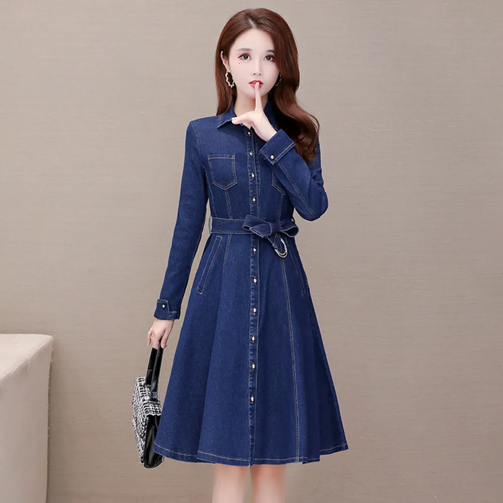 Платье джинсовое женское повседневное с отложным воротником поясом и карманами