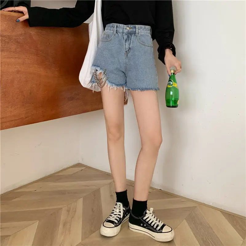 

Женские джинсовые шорты Dabourfeel, с цепочкой, с высокой талией, с дырками, с карманами, повседневные, летние, новинка 2021