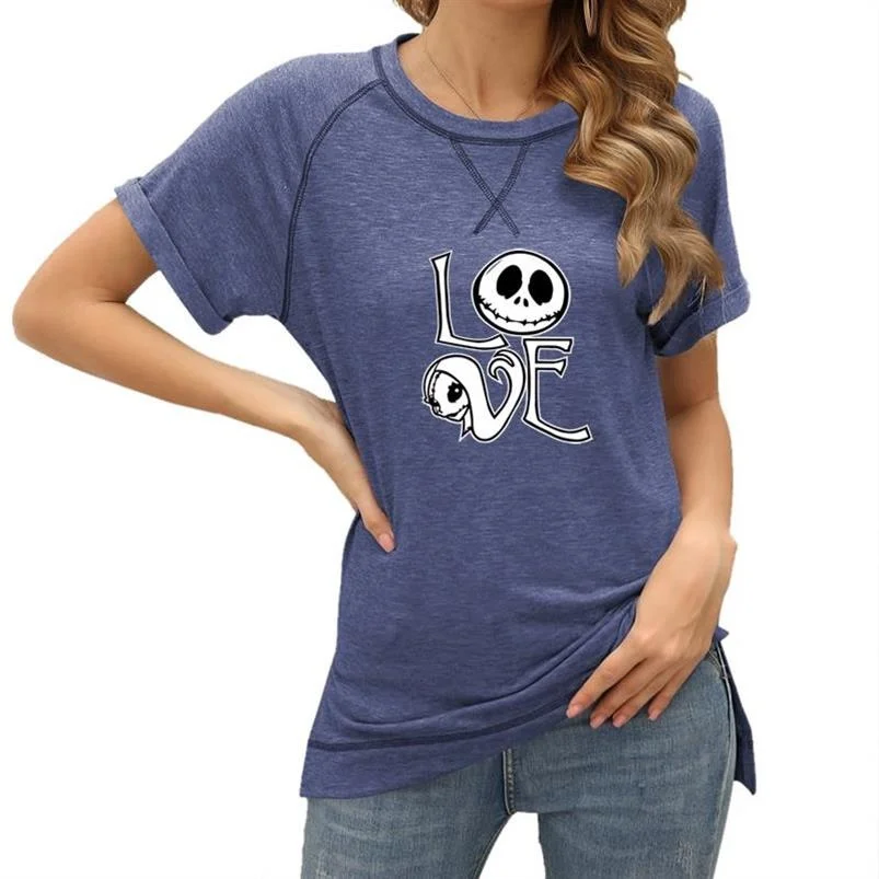 

T-Shirt For Women Hem Slit Loose Top Short Sleeves Tees LOVE Halloween Letter Print Harajuku Funny T-Shirt Summer O-neck T-shirt