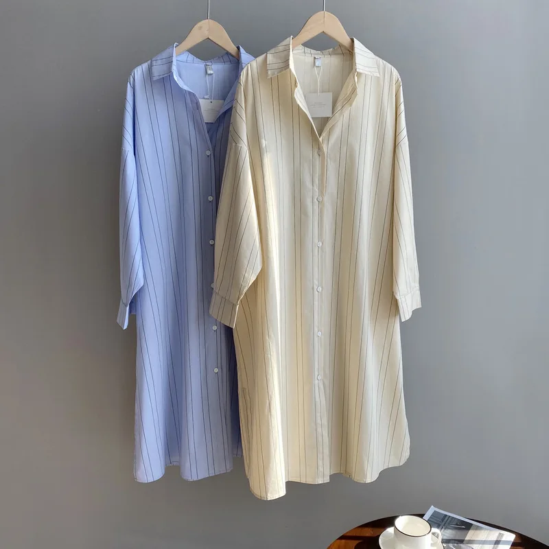 

2020 Summer Long Blouse Turn Down Collar Elegant Striped Tops Women Cardigans Blouses Blusas Roupa Feminina Clothes