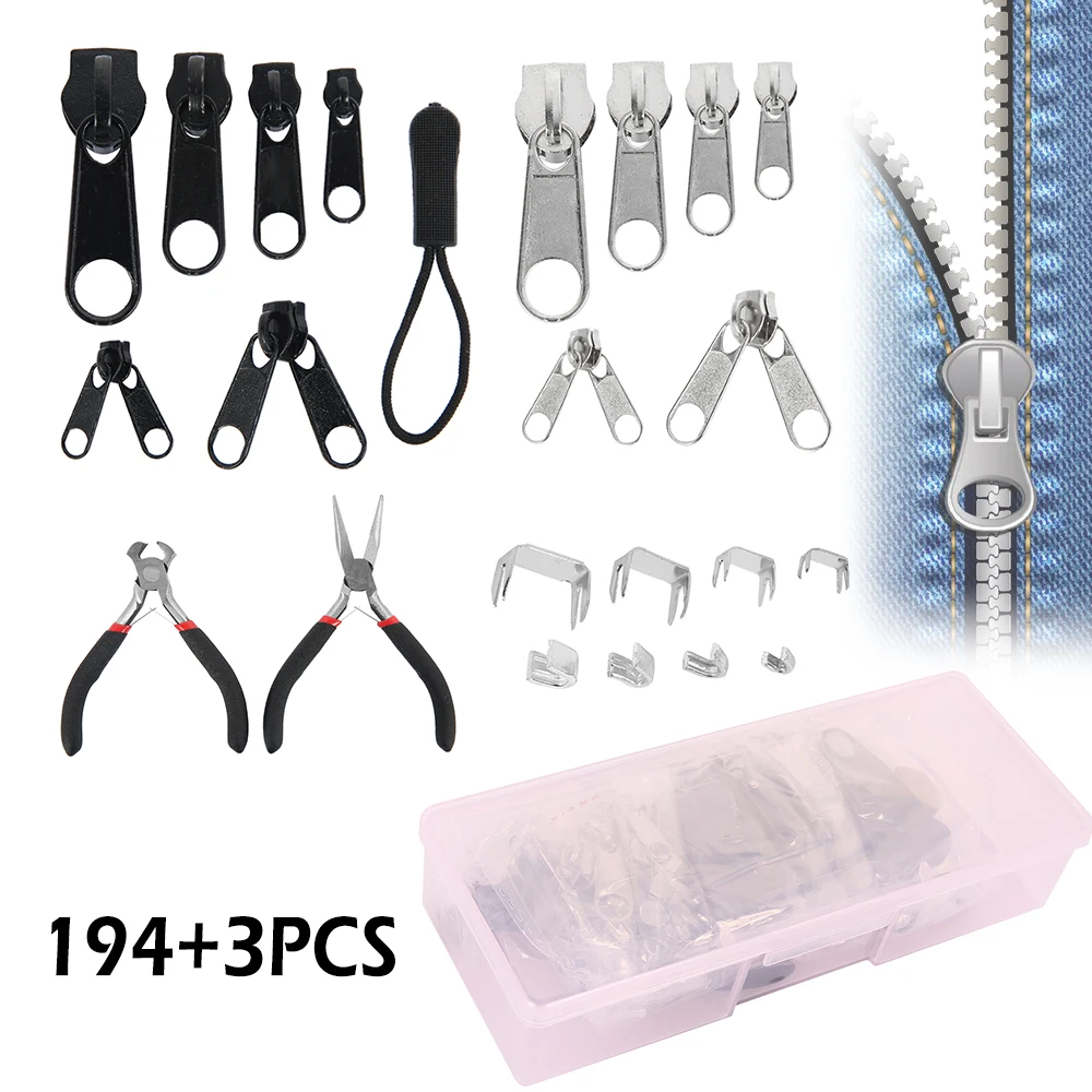 197pcs/set Zipper Replacement Head Zipper Repair Kit Install Plier Metal Lock Zip Slider Tools Pull Garment Accessories