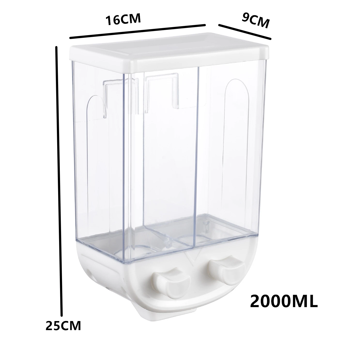 

2L Kitchen Whole Grains Cereal Dispenser Divided Sealed Storage Tank 2 Grids Wall-Mounted Food Storage Containers