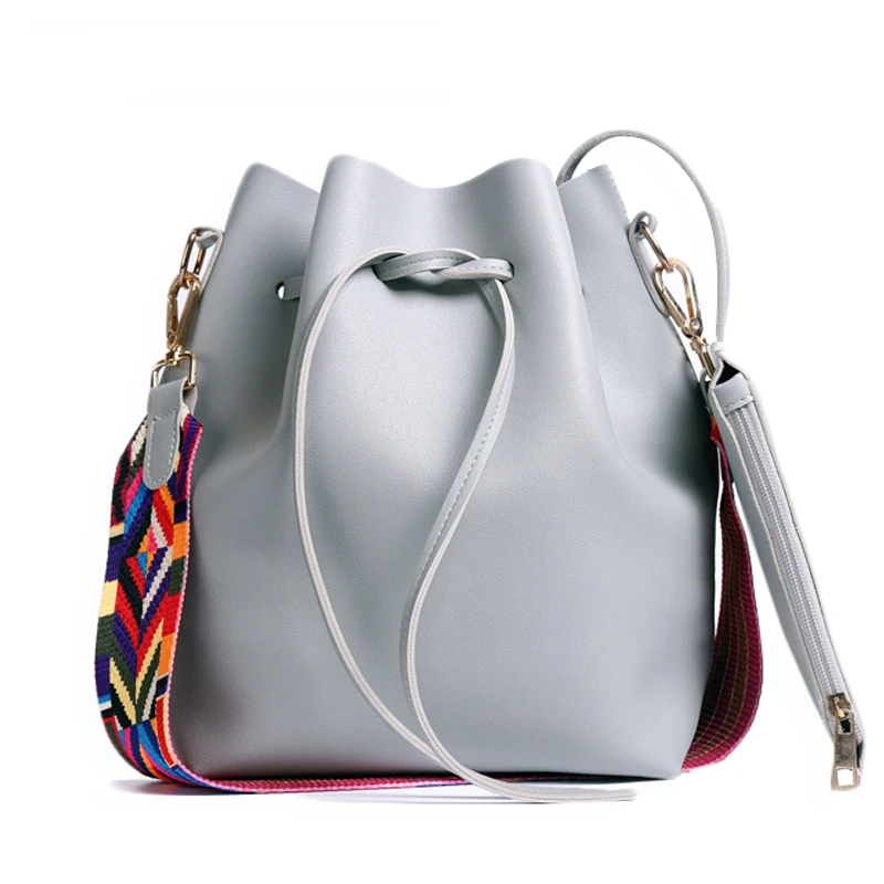 

2021 New Women Messenger Bag with Colorful Strap Bucket Bag PU Leather Shoulder Bags Brand Designer Ladies Crossbody Fashion Sac