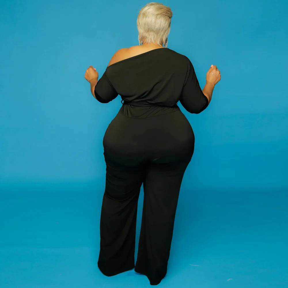 Plus Size Blue Jumpsuits and Rompers For Women 4xl 5xl High Waist Half Sleeve Skew Collar Solid Femme Jumpsuits Big Size 2020