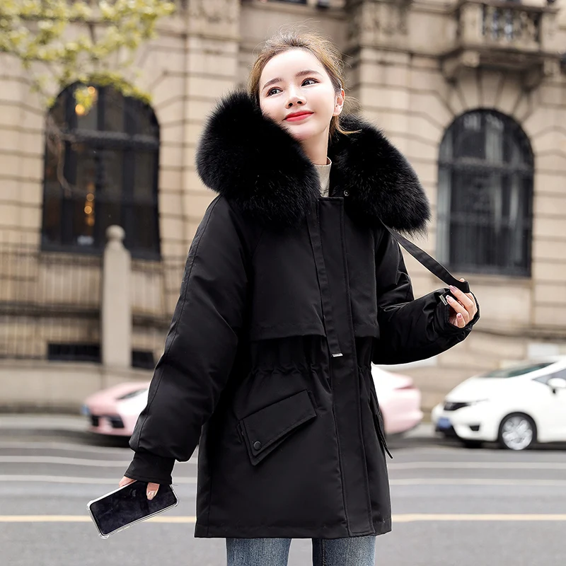 2022 Winter Fleece Parka Coat Plus Cashmere Drawstring Waist Cotton Down Padded Jacket Fur Collar Hooded Fur Thick Warm Outwear