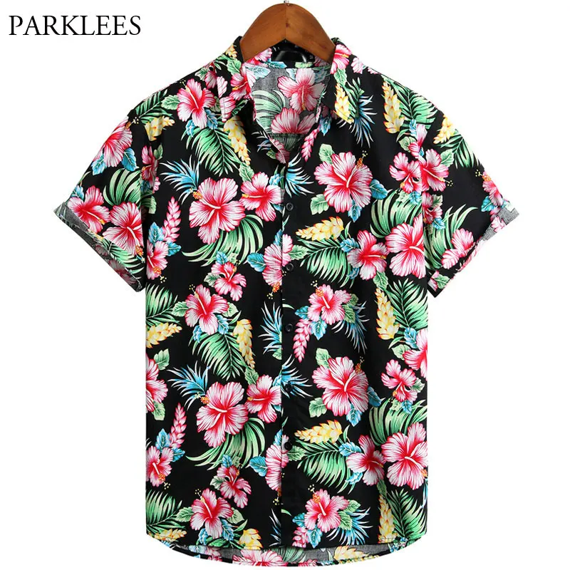 

Hawaiian Shirt Men Short Sleeve Cotton Floral Print Mens Beach Hawaii Shirts Casual Holiday Party Camisa Masculina Plus Size 3XL