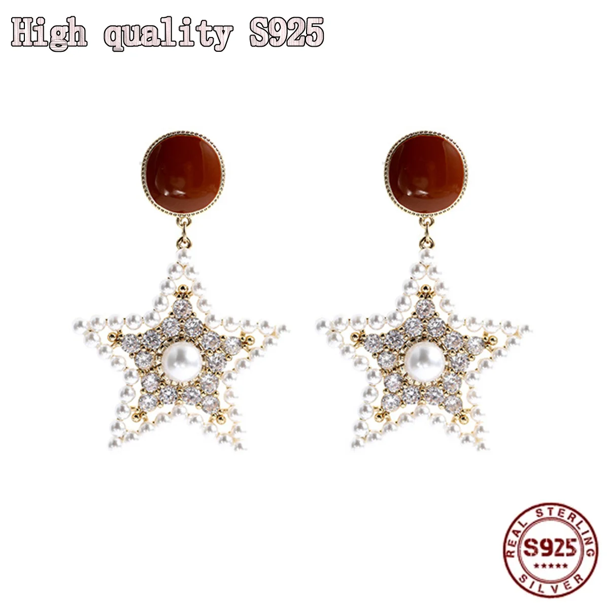 

S925 Silver Needle, 2021 New Fashion Jewelry, Exquisite And Shining Pearl Retro Earrings, Female Long Five Point Star Earrings