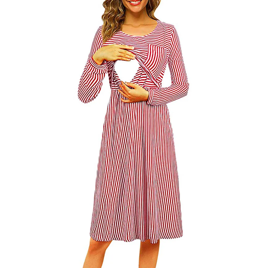 Платья для беременных женщин Одежда платья вечернее осеннее платье в полоску с