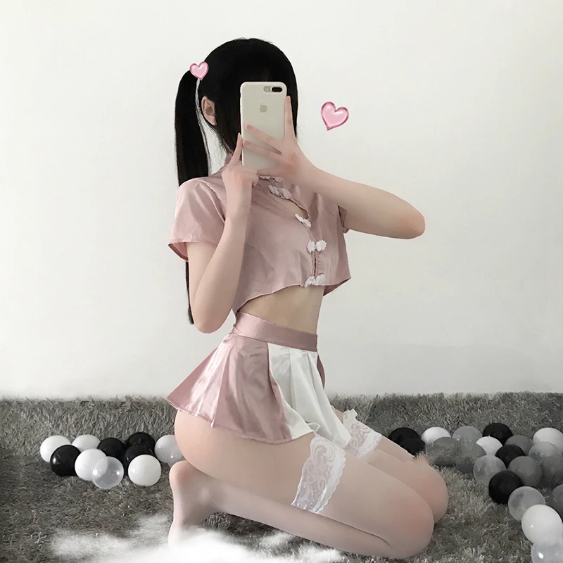 

Sexy Student Uniform Cute School Girl Cospaly Costume National Wind Hollow Cheongsam Lingerie Women Qipao Chino Qi Pao Set