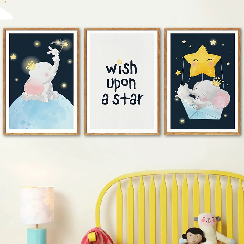 

Baby Animal Elephant on The Moon Star Children Poster Print Nursery Wall Art Canvas Painting Nordic Picture for Kids Room Decor