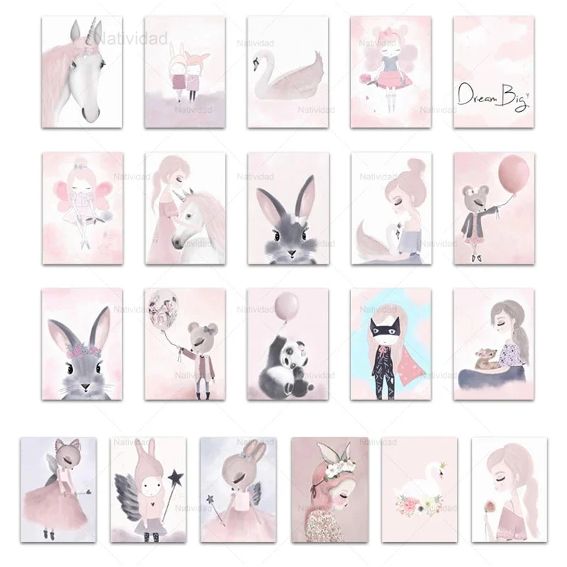 

Cartoon Canvas Painting Unicorn Deer Rabbit Girl Posters and Prints Swan Dream Big Wall Pictures Kids Room Home Wall Art Decor