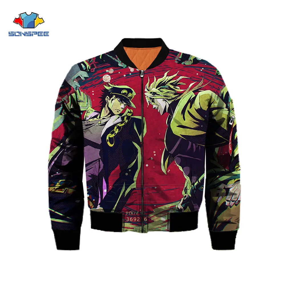 

SONSPEE JOJO Kujo Jotaro Anime Pattern Coat 3D Print Men Winter Thicken Keep Warm Bomber Jacket Casual Oversized Flight Jackets