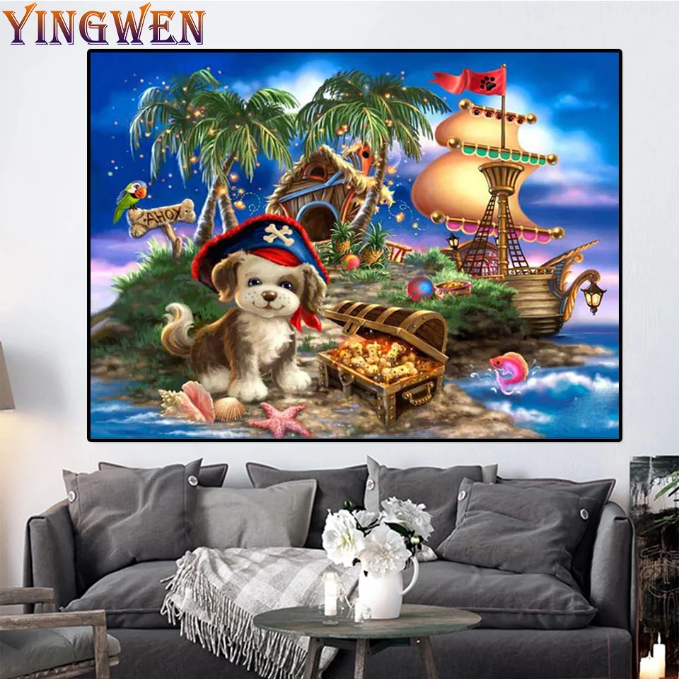 

5d Diy Diamond Painting Adventuring Dog Full Diamond Mosaic Pirate Treasure Diamond Paint Sailboat Picture Cross Stitch Decorate