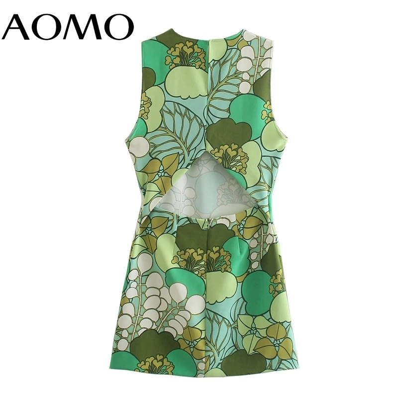 

AOMO Women Greeen Print Tank Dress Sleeveless Vintage Style Females Mini Dresses Vestidos AB41A