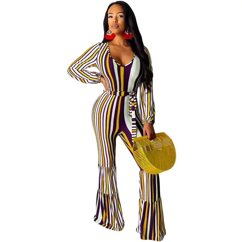 Полосатые Сексуальные вечерние нижние комбинезоны с колокольчиками для женщин v