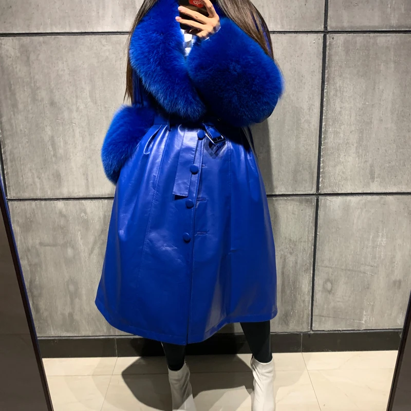 ladies leaher coat long women genuine leather windbreak